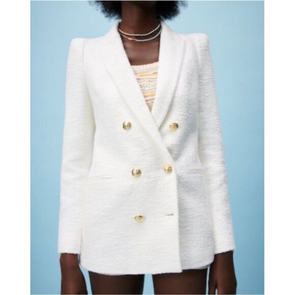 ZARA White Bouclé Double Breasted Blazer Gold Buttons Textured Jacket Women’s S - Picture 15 of 16